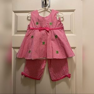 Bright pink and white gingham 2 piece outfit with green frogs.